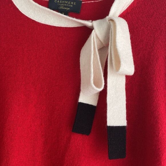 Charter Club 100% Cashmere bow tie sweater sz M Blight Red Preppy Feminine Chic - Picture 3 of 8